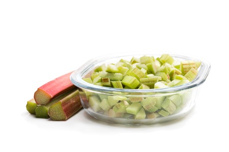 Chopped  rhubarb on white backgroundの写真素材