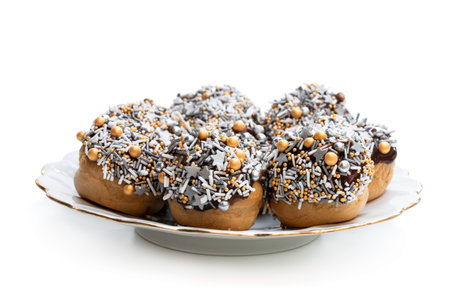Homemade  profiteroles covered with coloured sugar sparkles isolated on white