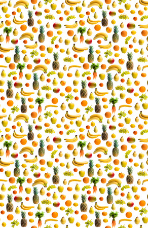 Seamless  pattern of various fresh vegetables and fruits isolated on whiteの写真素材