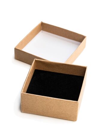 Homemade  open empty gift box made from brown paper isolated on whiteの写真素材