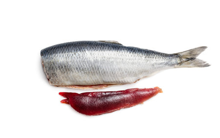 Fresh  herring fish with caviar isolated on white 