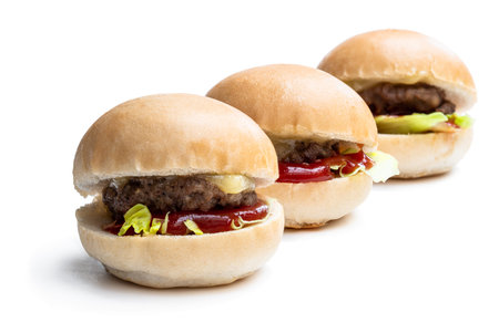 Set of  three mini hamburgers isolated on white background 