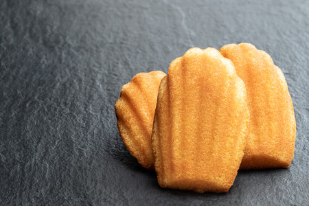 Homemade madeleines french sponge cake on black stone background