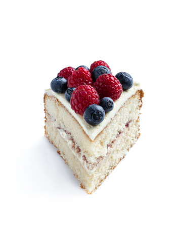Victoria sponge cake slice isolated on whiteの写真素材