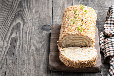 Sponge cake roll isolated on wooden rustic table