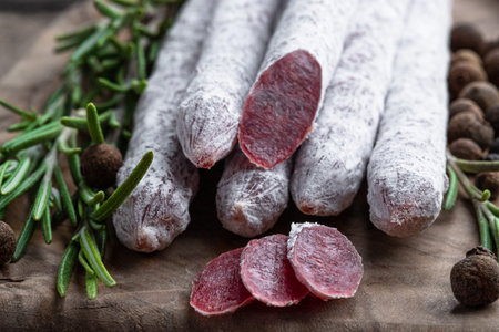 Spanish dry cured sausages salami with rosemary and spices on wooden board