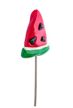 Fancy watermelon lollipop on wooden stick isolated on white backgroundの写真素材