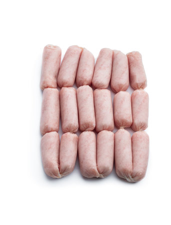 Small chicken sausage isolated on whiteの写真素材