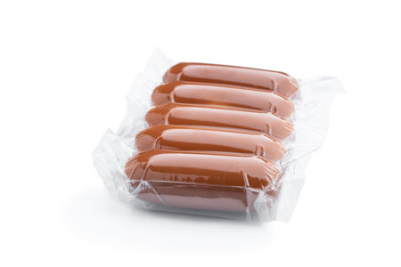 Smoked cheese sticks in vacuum pack isolated on whiteの写真素材