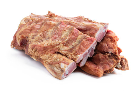 Smoked pork ribs isolated on white backgroundの写真素材