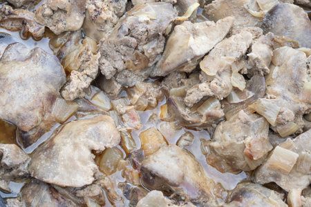 Stewed chicken liver with sauce and onion in iron skillet isolated on whiteの写真素材