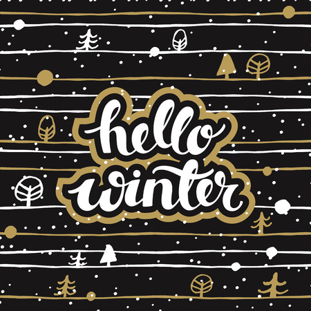 black background with funny hand drawn trees and hand drawn words hello winterのイラスト素材