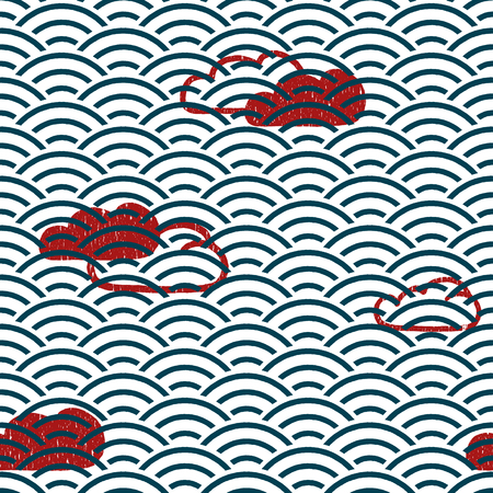 seamless geometric blue lineal wave pattern with red cloudsのイラスト素材