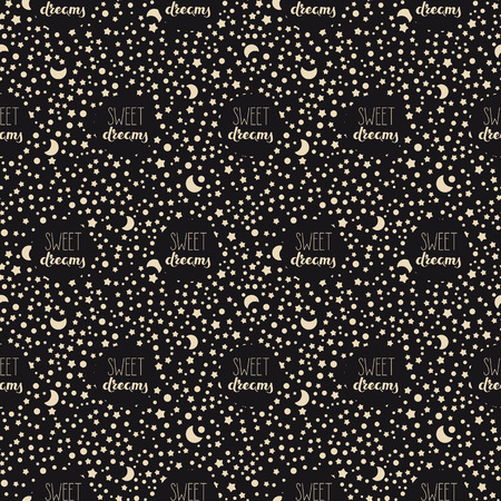 seamless vector pretty night pattern with hand drawn words sweet dreams and hand drawn moons and starsのイラスト素材
