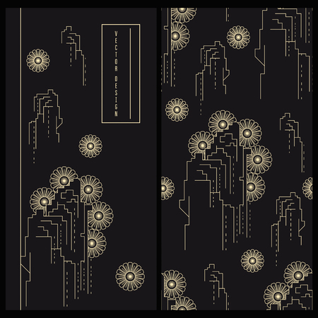 set with japanese decorated black product label and the same seamless vector patternのイラスト素材