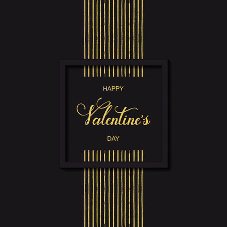 vector black holiday card and background with golden lines and hand drawn words happy Valentine`s day in a square frameのイラスト素材