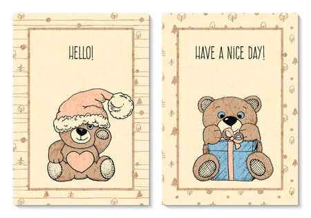 vector set with two greeting cards with hand drawn pretty toy bears. design for covers, cards, presentsのイラスト素材
