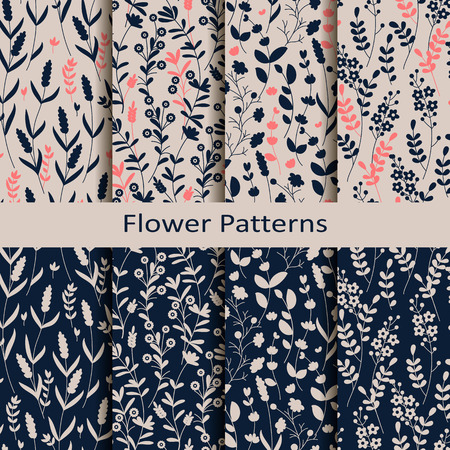 set of eight seamless vector spring trendy patterns with hand drawn flower print. design for textile, covers, packagingのイラスト素材