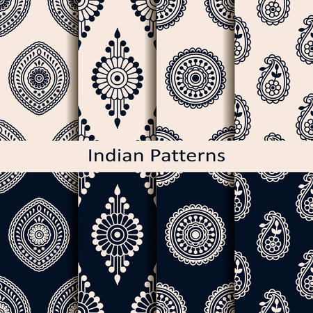 seamless vector set of eight indian circle element patterns. seamless template in swatch panel. design for print, textile, woodblockのイラスト素材
