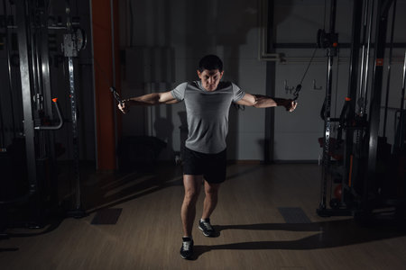 Young man at the gym exercise on the pectoral muscles, the reduction in the hands of crossover....