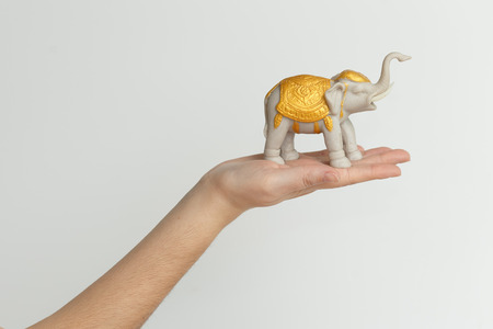 elephant statuette on the hand isolated on white backgroundの写真素材