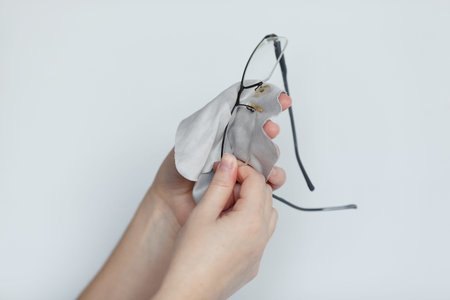 Women hand cleaning glasses lens with isolated backgroundの写真素材