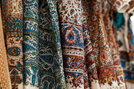 Many colorful carpets for sale on a street.