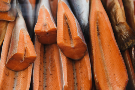 Sea fish. Dried, smoked fish on fairの写真素材