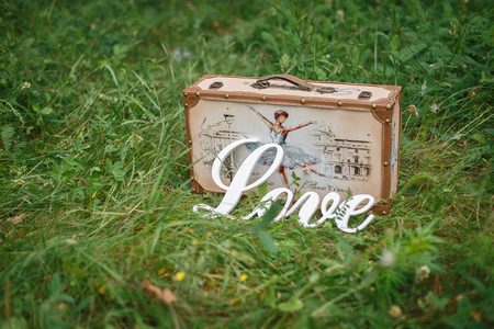 Wedding decoration, old suitcases, inscription love on the green grassの写真素材