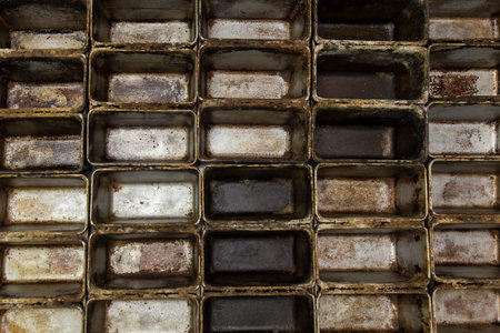 Old dirty oven baking tray. Loaf empty baking tin.