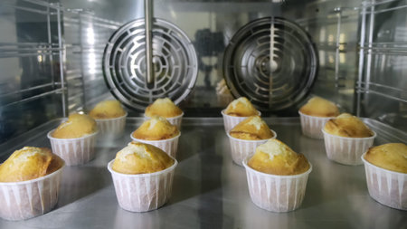 Muffins in paper cups is baking in oven on metal baking sheet. View through the glass.