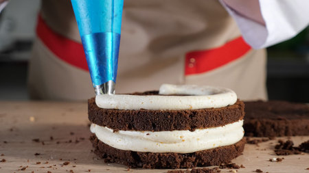 Pastry chef is pouring cream with pastry bag on chocolate sponge cake. Side view, hands close-up....