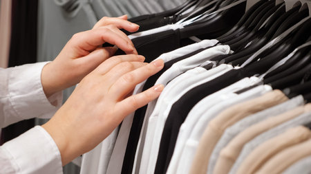 Female hands sorting cotton pullovers on a hanger in a clothing store.