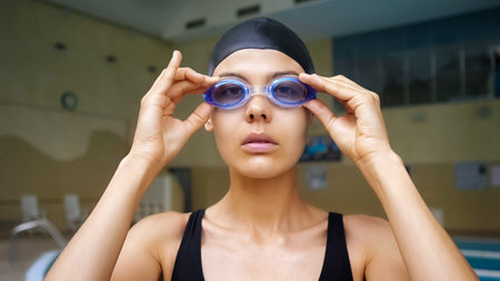 pretty young lady in black swim cap and suit puts on light blue goggles ready to train in modern...