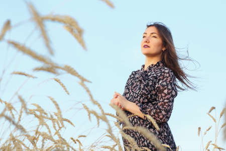 Beautiful woman looking into the distance while standing in a wheat field on a background of blue sky.の写真素材