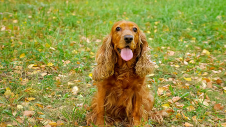 Funny spaniel with long tongue and brown fur sits on green meadow grass with leaves of yellow colour...