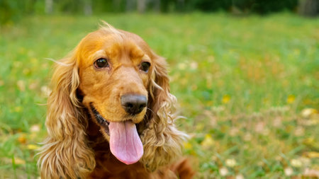 Furry brown spaniel dog with long ears licks nose and looks around sitting on blurred green meadow on autumn day closeupの写真素材