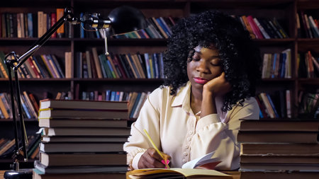 Pretty African-American woman with hairstyle writes in paper notebook near stack of books and lamp...