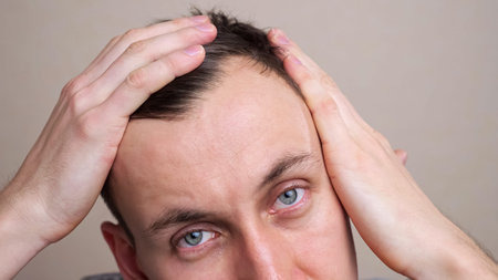 man examines a bald spot on his head in a mirror in slow motion.