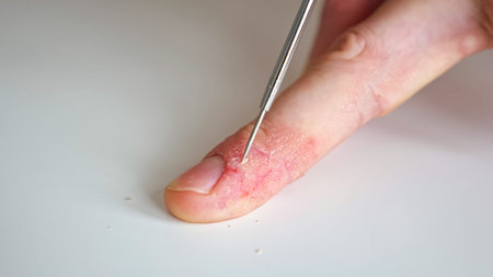 Doctor takes a skin scraping for analysis. Male fingers with psoriasis and eczema, closeup.