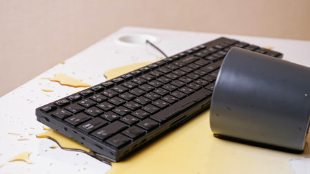 Close-up of a coffee-soaked keyboard with a cup overturned nearby.