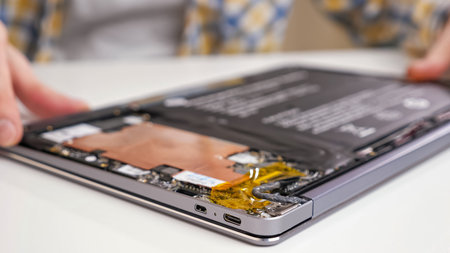 Unrecognizable man disassembles a laptop and looks through the parts with a screwdriver.