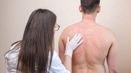 Brunette woman doctor in white gloves and robe examines irritated scratched bare back of patient...