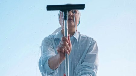 woman washes the window with a rag then pulls off the water with a scraper.の写真素材