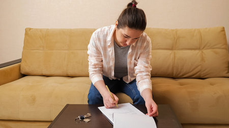 Young woman holding pen reads apartment purchase contract before signing at small coffee table with...