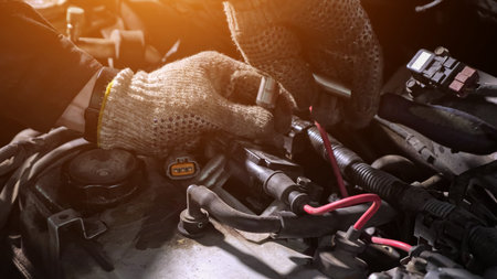 Mechanic in textile gloves repairs engine of broken automobile with open bonnet at contemporary car repair service station, closeupの写真素材