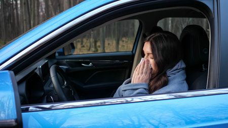 Woman driver having cold and with runny nose coughs and blows nose into paper napkin sitting at...