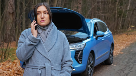 Lady driver in warm coat stands near broken automobile with open hood and calls emergency repair...