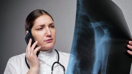 Professional lady orthopedist in uniform reports results of patients x-ray examination via mobile phone at grey clinic wall closeup.の写真素材