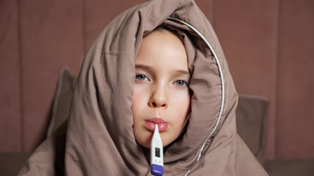 Sick teen girl holds electronic thermometer in mouth measuring temperature covering head with warm brown blanket in bedroom extreme closeup.の写真素材